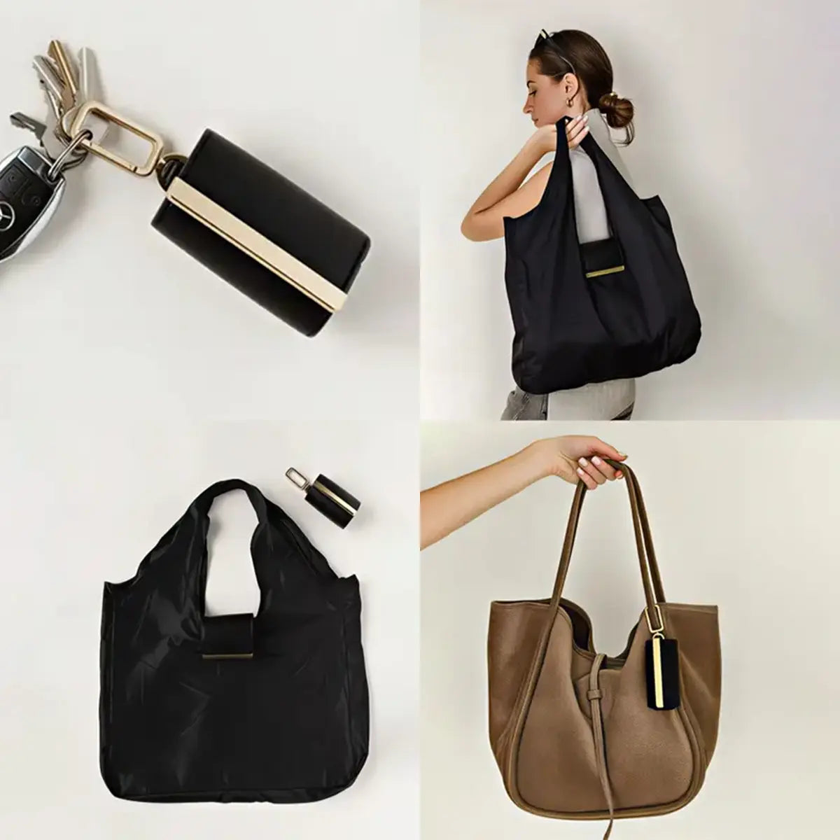 Foldable Stripes Keychain Grocery Bag with Snap Hook - Reusable, Adjustable, Expandable Handbag for Shopping & Travel Home Organizer Storage Bag