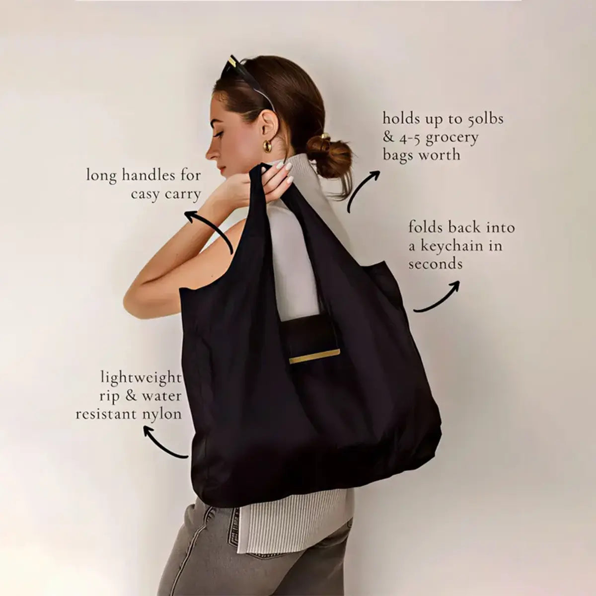 Foldable Stripes Keychain Grocery Bag with Snap Hook - Reusable, Adjustable, Expandable Handbag for Shopping & Travel Home Organizer Storage Bag